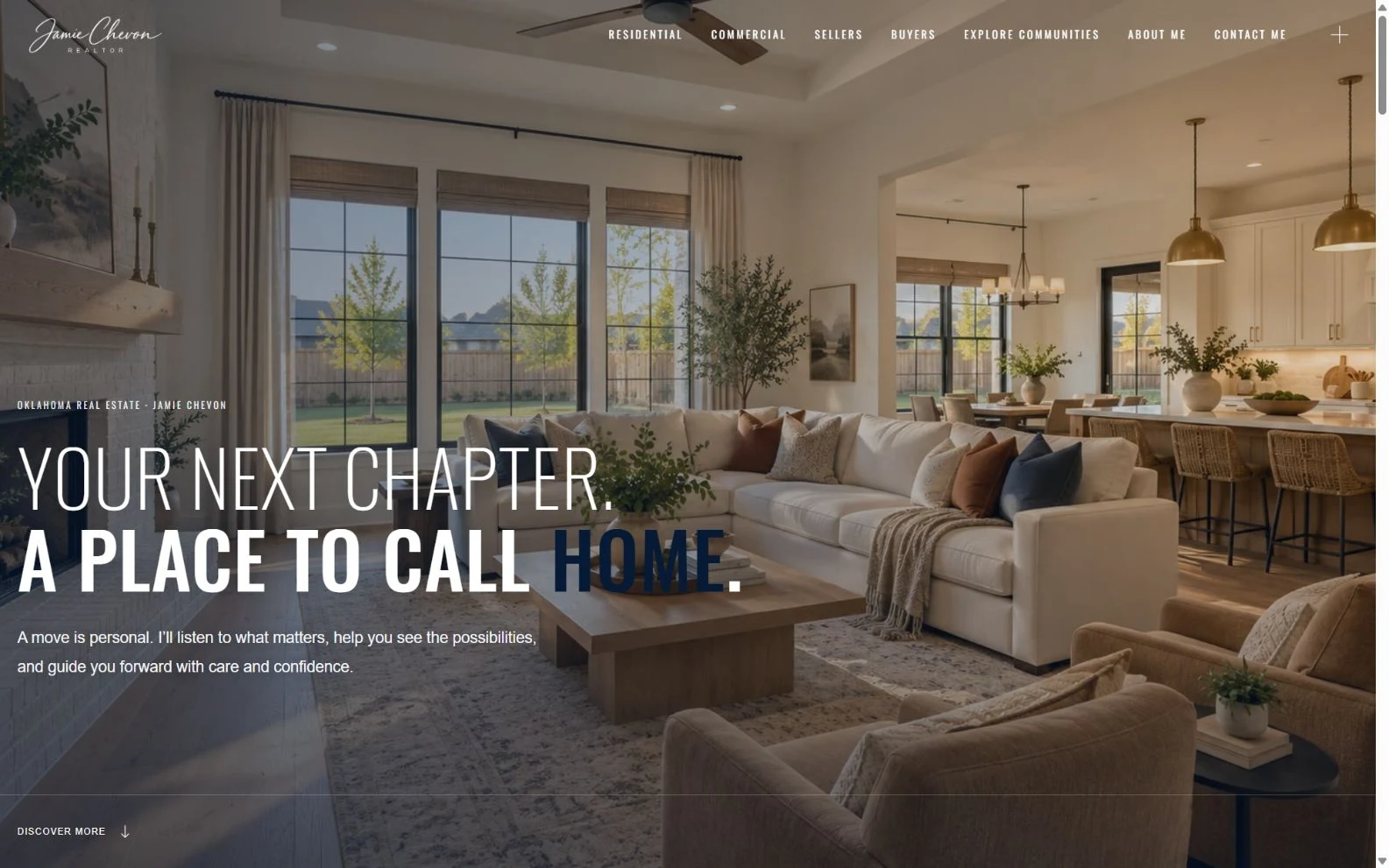 Actual Jamie Chevon homepage with a warm kitchen photograph and the headline Your Next Chapter. A Place to Call Home.