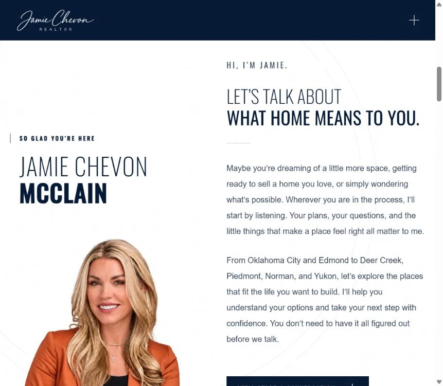 Actual Jamie Chevon introduction section with her portrait and real estate approach