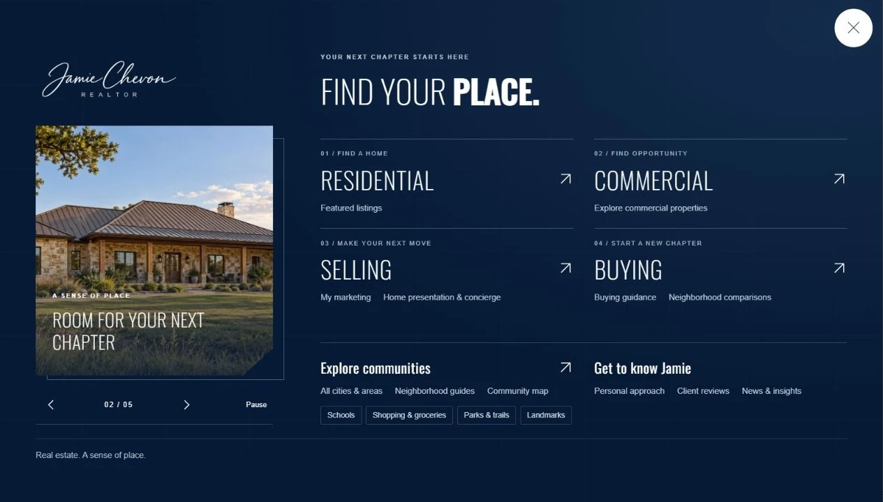 Jamie Chevon custom mega menu with residential, commercial, selling, buying, community guides and direct map layer links